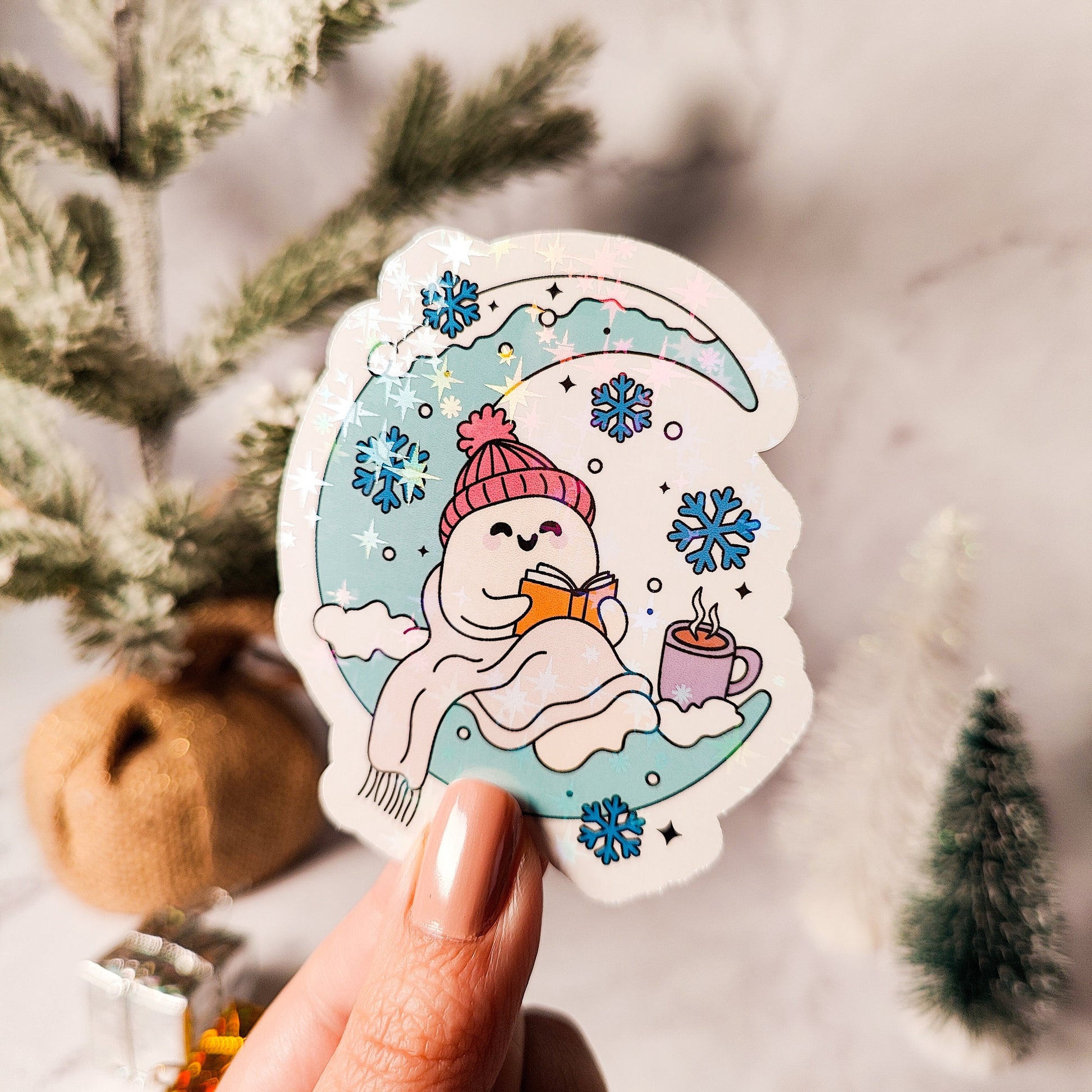 Bookish Winter Moon Ghost Holographic Sticker, Christmas Sticker, Laptop/Water Bottle Sticker, Water Resistant, Cute Bookworm Gift