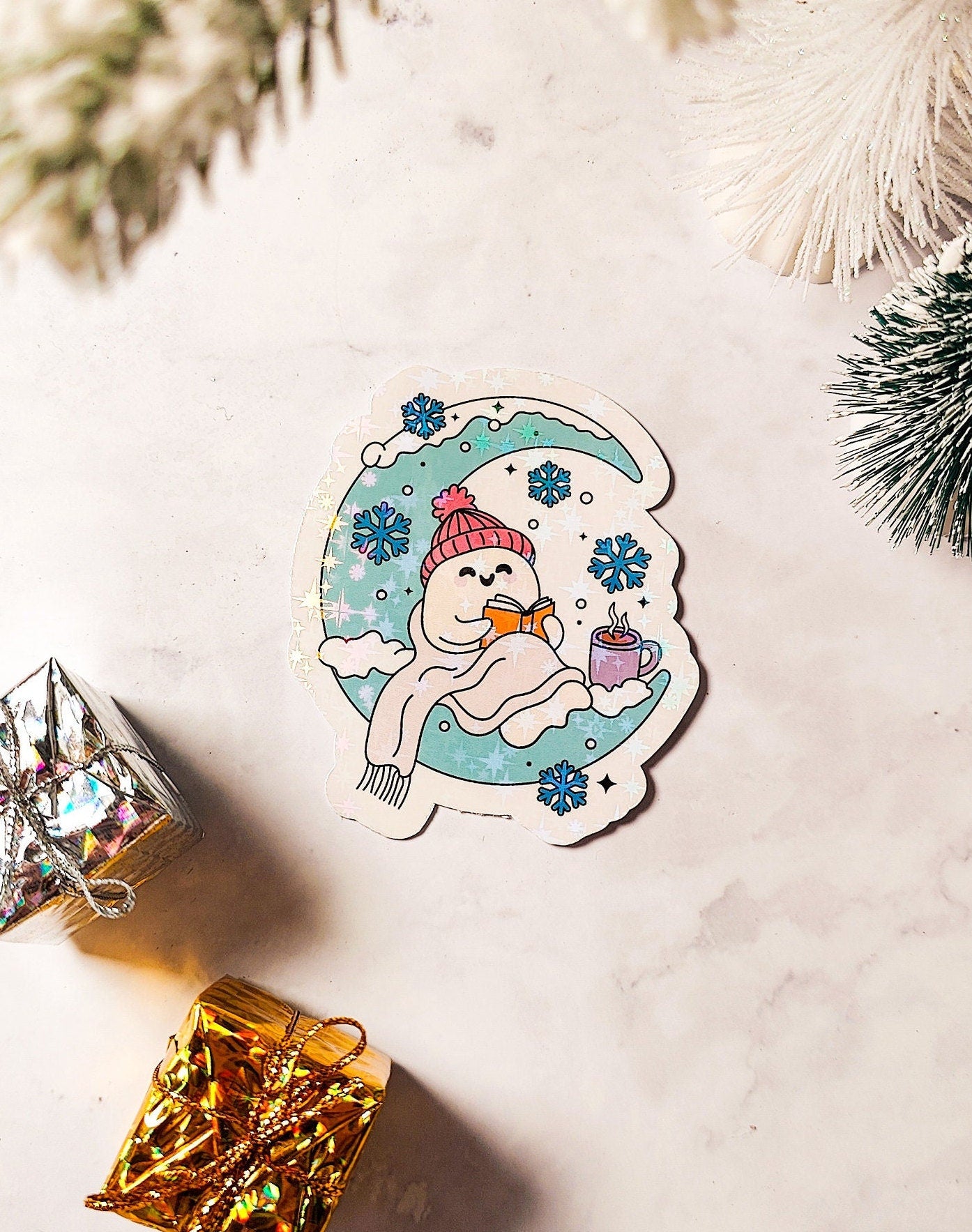 Bookish Winter Moon Ghost Holographic Sticker, Christmas Sticker, Laptop/Water Bottle Sticker, Water Resistant, Cute Bookworm Gift