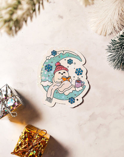 Bookish Winter Moon Ghost Holographic Sticker, Christmas Sticker, Laptop/Water Bottle Sticker, Water Resistant, Cute Bookworm Gift