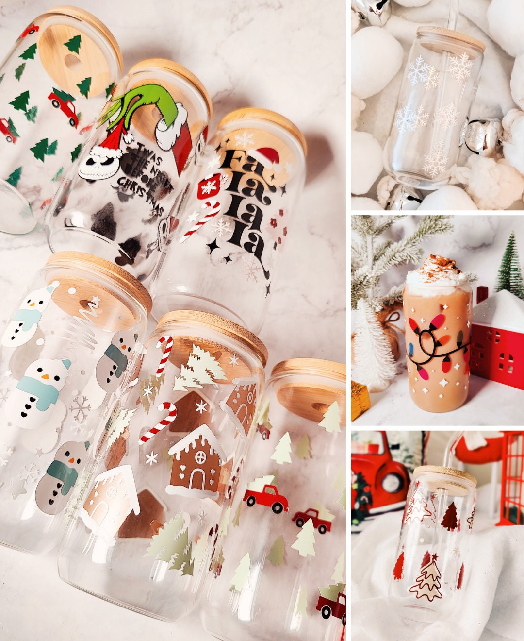 MYSTERY CHRISTMAS CUP, Iced Coffee Christmas Glass Cup with Bamboo Lid, Secret Santa Christmas Gift, 16oz and 20oz Holiday Libbey