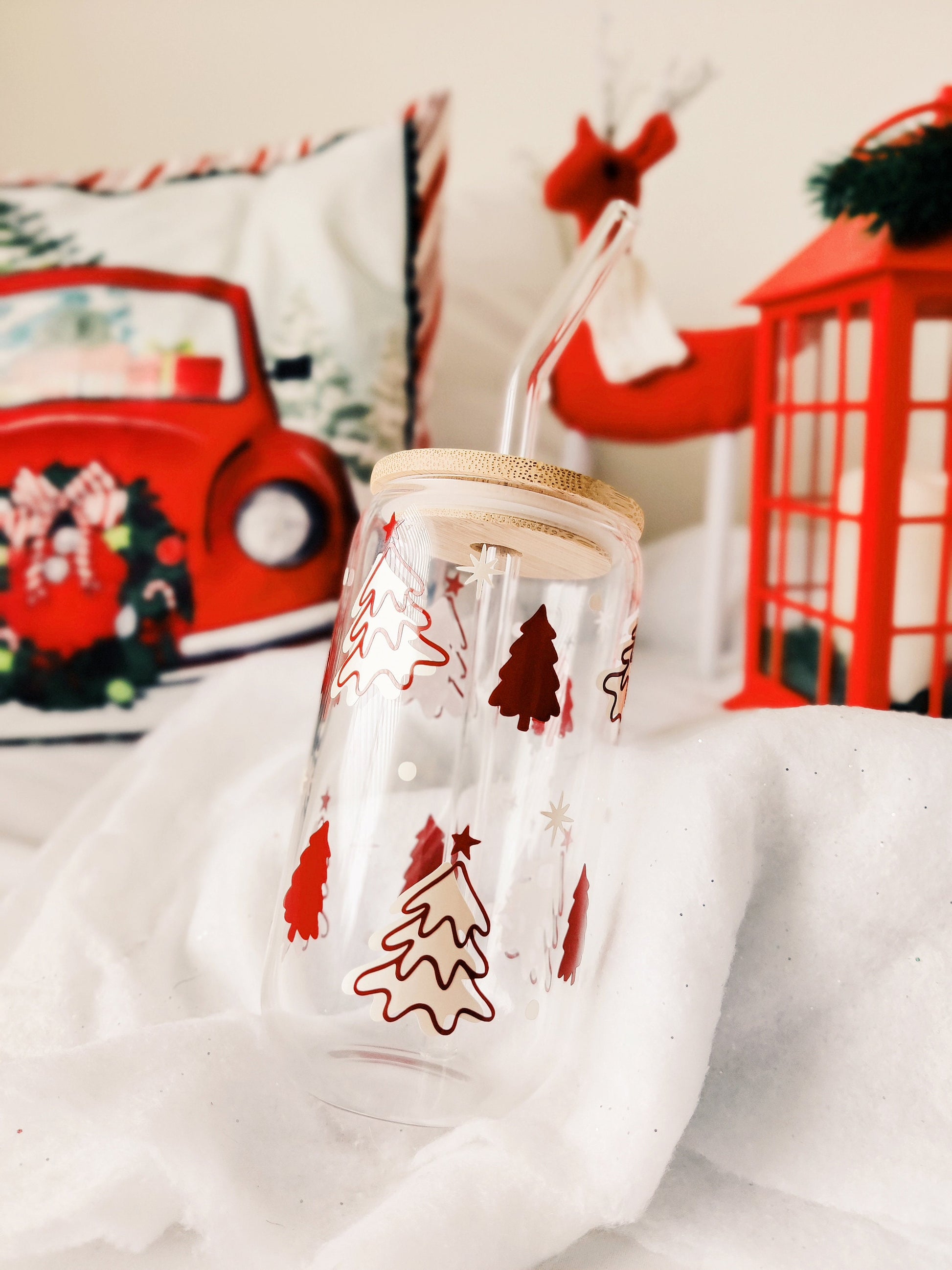 MYSTERY CHRISTMAS CUP, Iced Coffee Christmas Glass Cup with Bamboo Lid, Secret Santa Christmas Gift, 16oz and 20oz Holiday Libbey