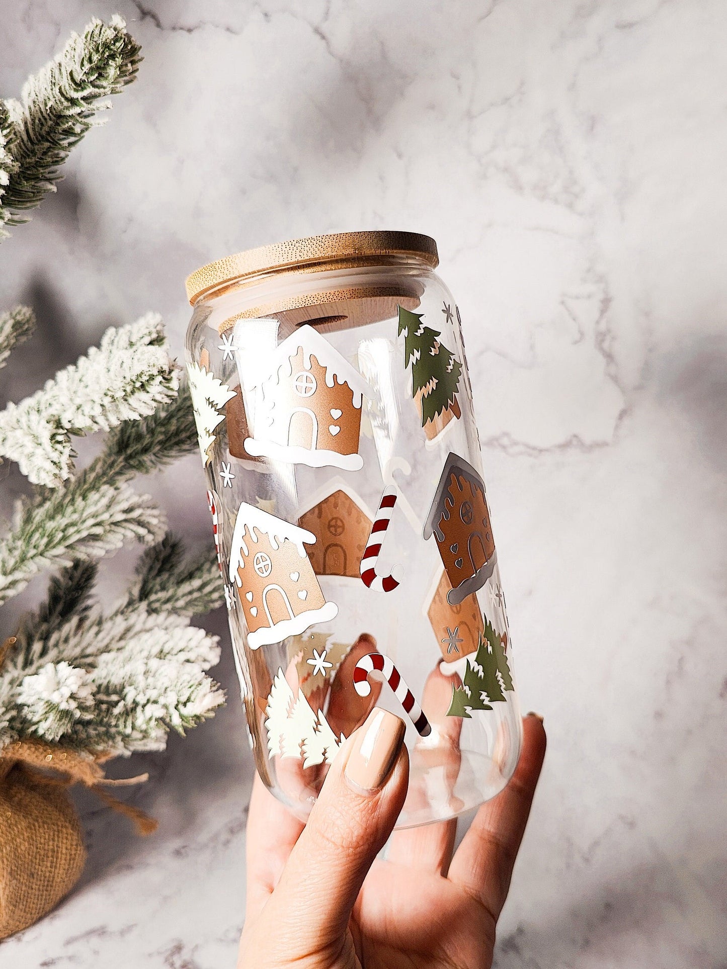 Gingerbread House Iced Coffee Glass Cup, Festive Christmas Glass Cup with Bamboo Lid, Christmas Gift, 16oz and 20oz Holiday Libbey