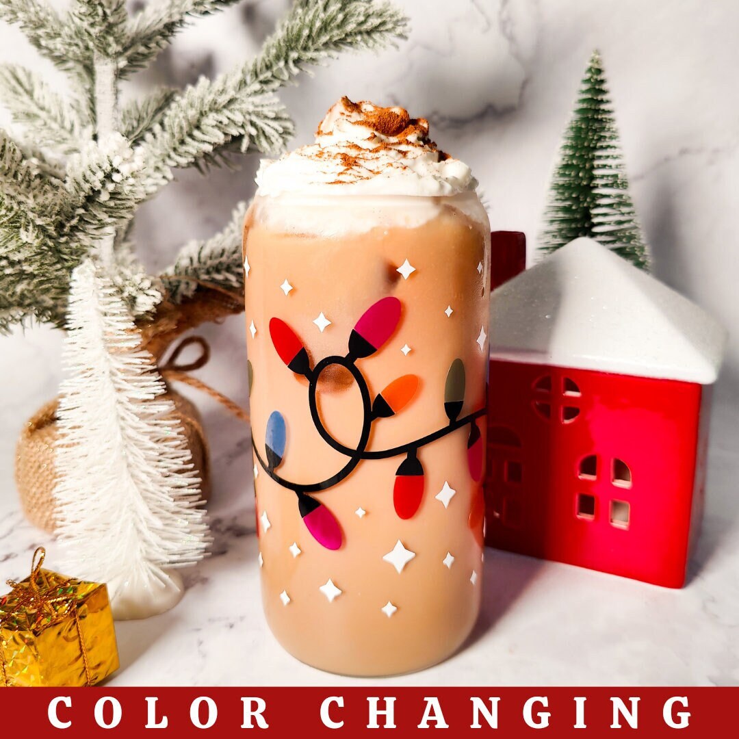 Christmas Lights Glass Cup, Festive Color Changing Glass Cup with Bamboo Lid, Christmas Iced Coffee Gift, 16oz and 20oz Holiday Libbey