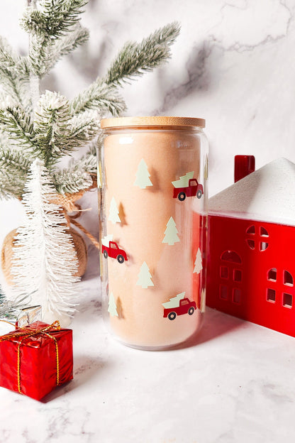 Christmas Tree Trucks Iced Coffee Glass Cup, Festive Christmas Glass Cup with Bamboo Lid, Christmas Gift, 16oz and 20oz Holiday Libbey
