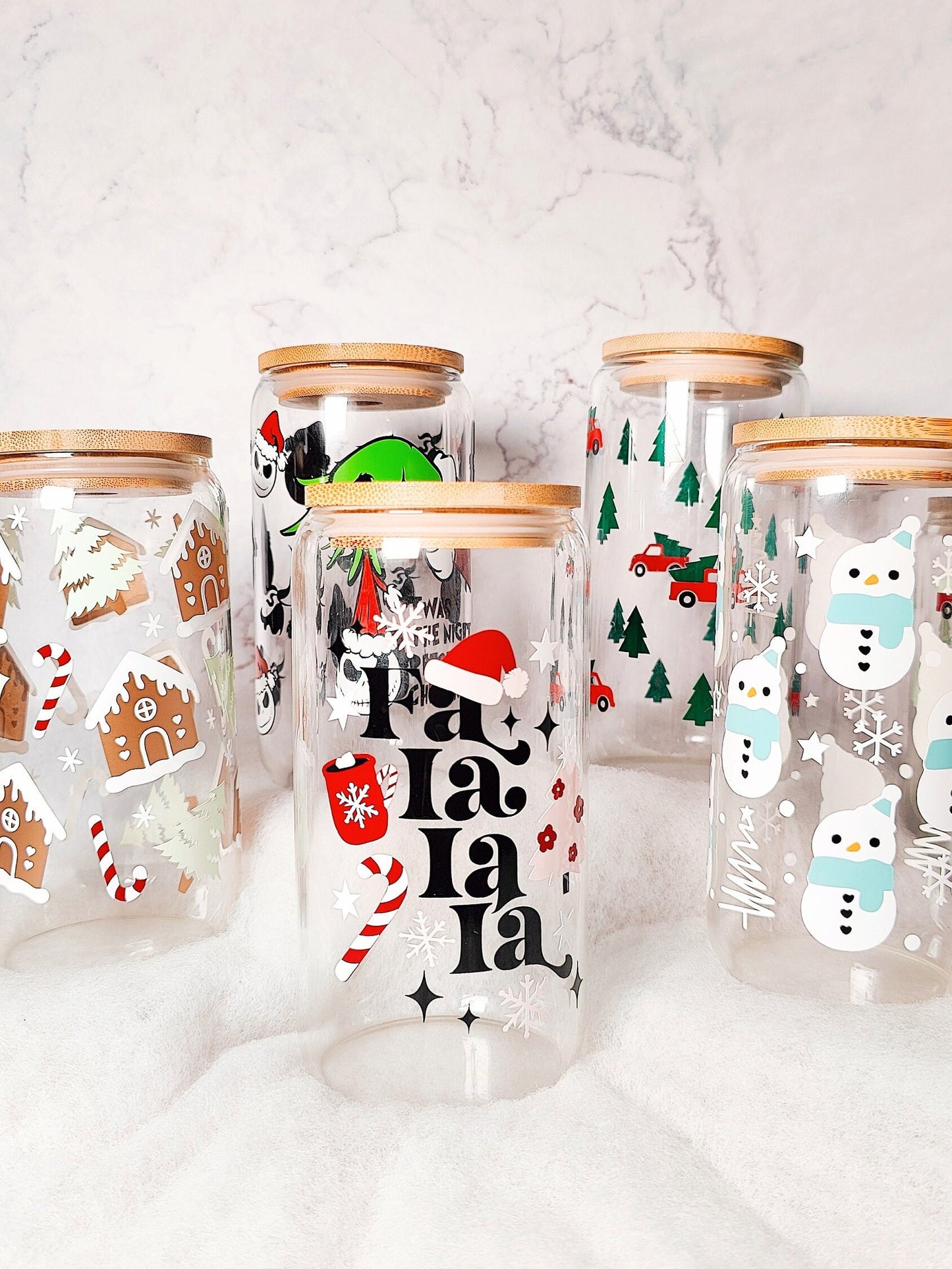 MYSTERY CHRISTMAS CUP, Iced Coffee Christmas Glass Cup with Bamboo Lid, Secret Santa Christmas Gift, 16oz and 20oz Holiday Libbey
