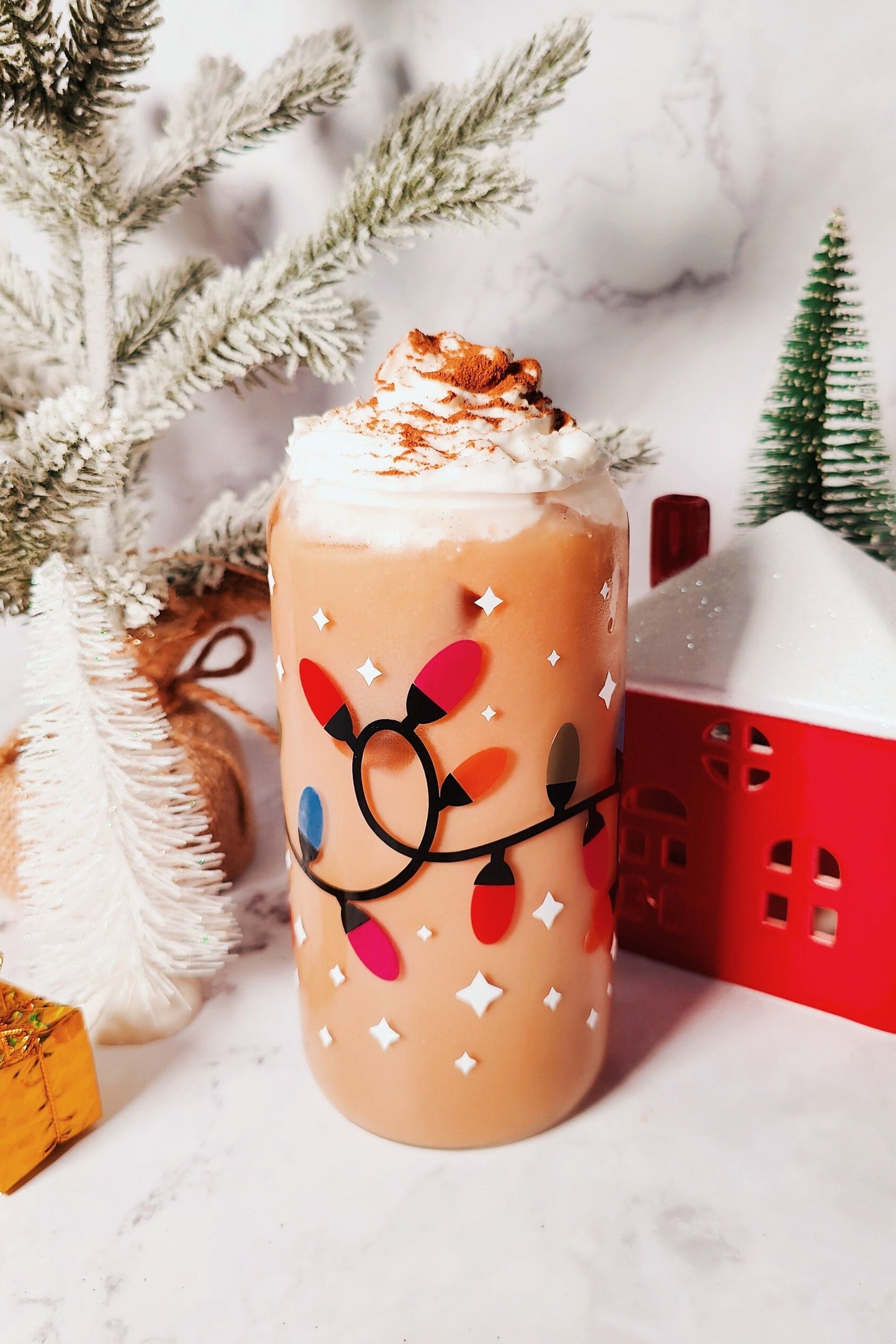 MYSTERY CHRISTMAS CUP, Iced Coffee Christmas Glass Cup with Bamboo Lid, Secret Santa Christmas Gift, 16oz and 20oz Holiday Libbey