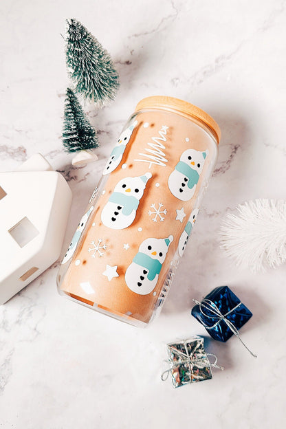 MYSTERY CHRISTMAS CUP, Iced Coffee Christmas Glass Cup with Bamboo Lid, Secret Santa Christmas Gift, 16oz and 20oz Holiday Libbey