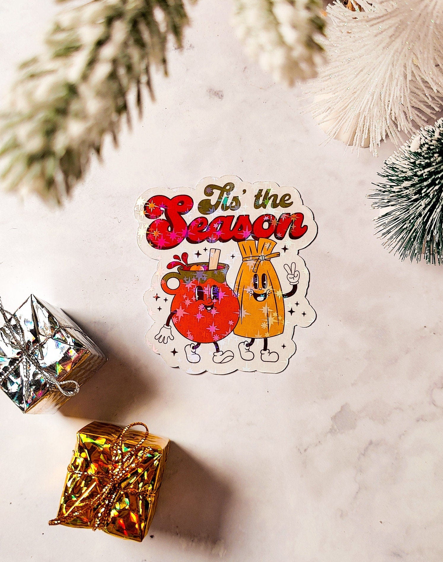 Tis The Season Holographic Sticker, Tamales and Ponche, Christmas Sticker, Laptop/Water Bottle, Easy Peel, Water Resistant, Latin Food Lover