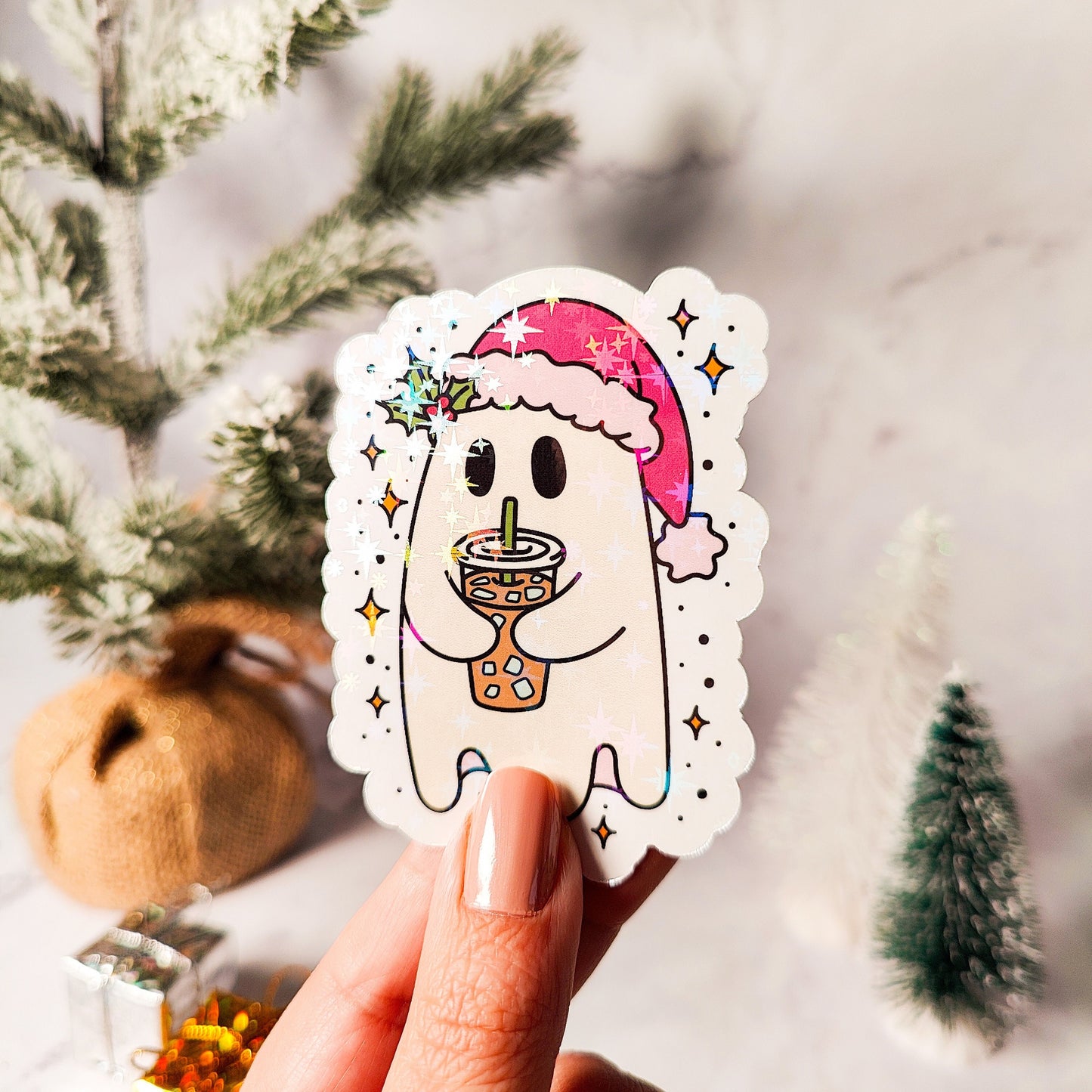 Christmas Iced Coffee Ghost Holographic Sticker, Spooky Christmas Sticker, Laptop/Water Bottle Sticker, Water Resistant, Cute Ghost Gift