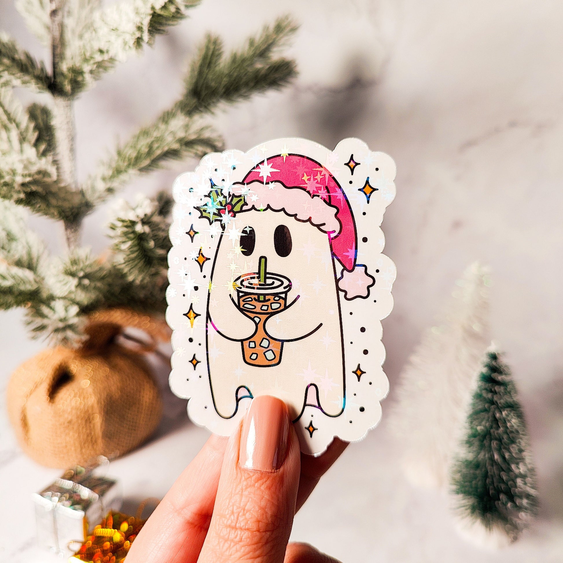 Christmas Iced Coffee Ghost Holographic Sticker, Spooky Christmas Sticker, Laptop/Water Bottle Sticker, Water Resistant, Cute Ghost Gift
