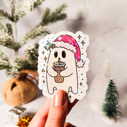 Christmas Iced Coffee Ghost Holographic Sticker, Spooky Christmas Sticker, Laptop/Water Bottle Sticker, Water Resistant, Cute Ghost Gift