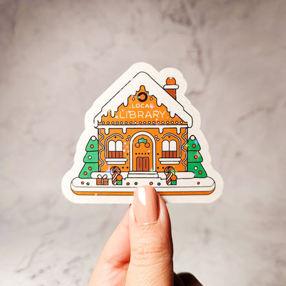 Gingerbread House Library Holographic Sticker, Christmas Sticker, Laptop/Water Bottle Sticker, Water Resistant, Cute Bookworm Gift