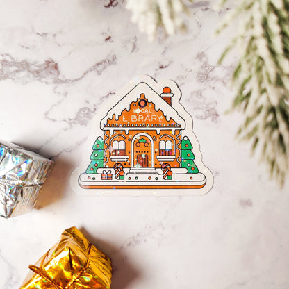 Gingerbread House Library Holographic Sticker, Christmas Sticker, Laptop/Water Bottle Sticker, Water Resistant, Cute Bookworm Gift
