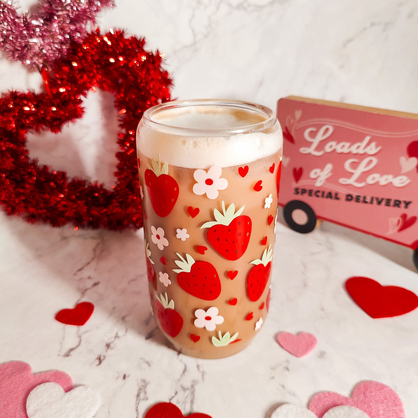 Strawberry Hearts Glass Cup, Cute Valentine's Day Gift, Iced Glass Beer Can, Fruity V-day Gift, Iced Coffee Glass, 16 and 20oz Libbey Can