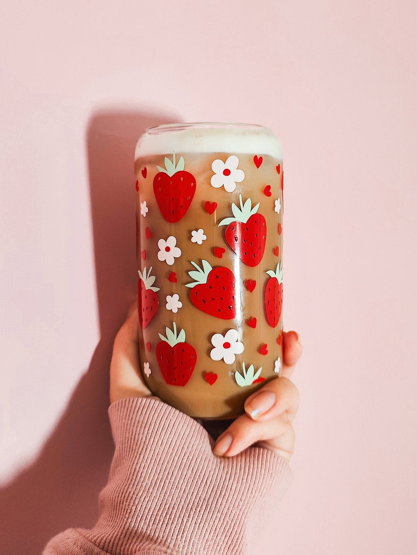 Strawberry Hearts Glass Cup, Cute Valentine's Day Gift, Iced Glass Beer Can, Fruity V-day Gift, Iced Coffee Glass, 16 and 20oz Libbey Can