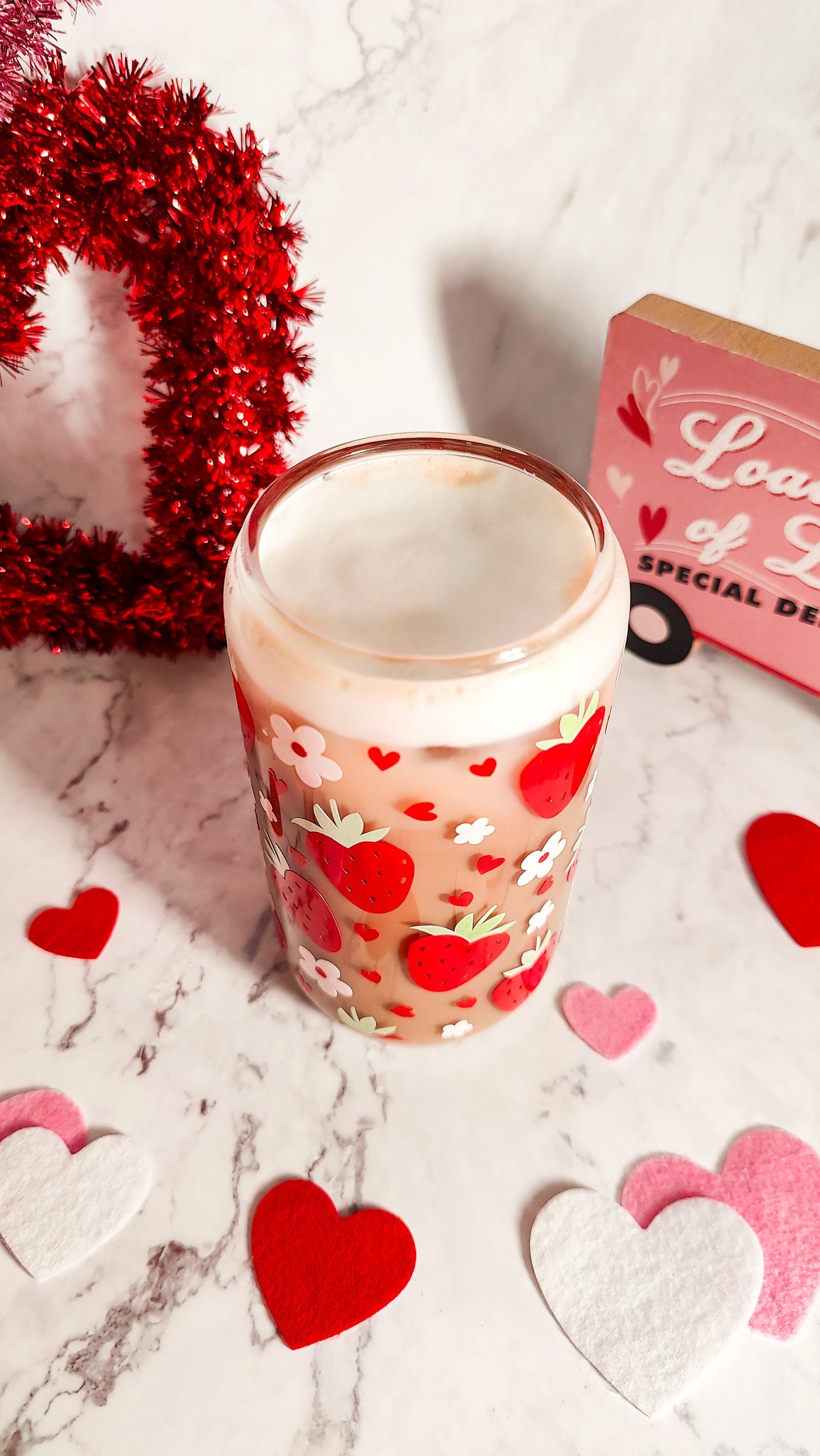 Strawberry Hearts Glass Cup, Cute Valentine's Day Gift, Iced Glass Beer Can, Fruity V-day Gift, Iced Coffee Glass, 16 and 20oz Libbey Can