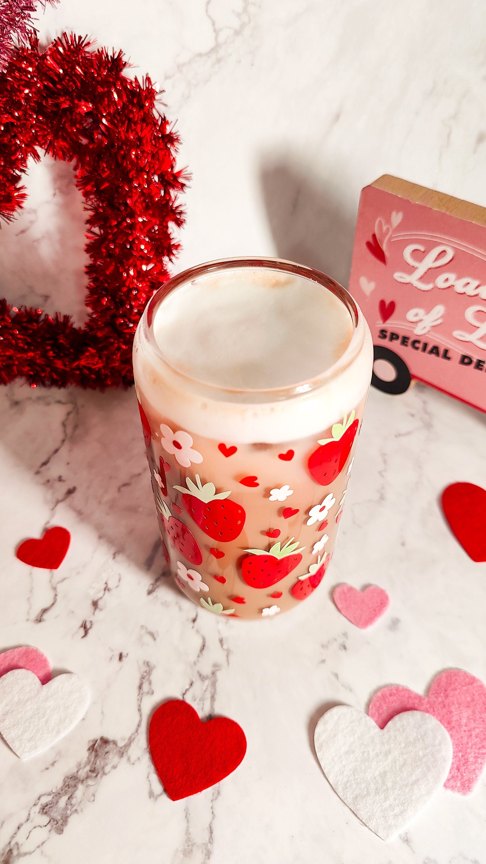 Strawberry Hearts Glass Cup, Cute Valentine's Day Gift, Iced Glass Beer Can, Fruity V-day Gift, Iced Coffee Glass, 16 and 20oz Libbey Can