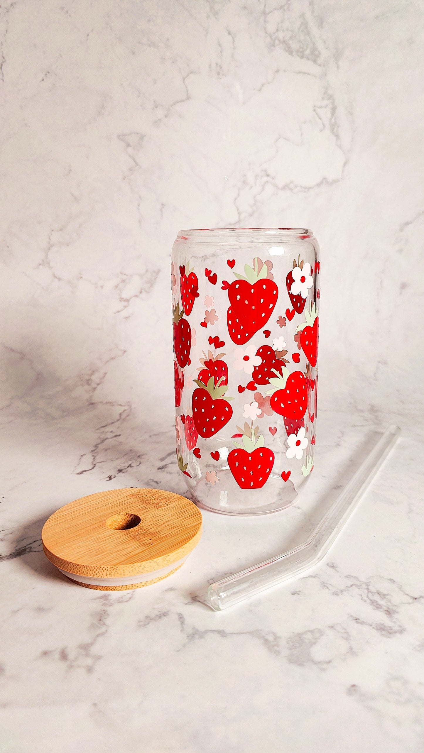 Strawberry Hearts Glass Cup, Cute Valentine's Day Gift, Iced Glass Beer Can, Fruity V-day Gift, Iced Coffee Glass, 16 and 20oz Libbey Can