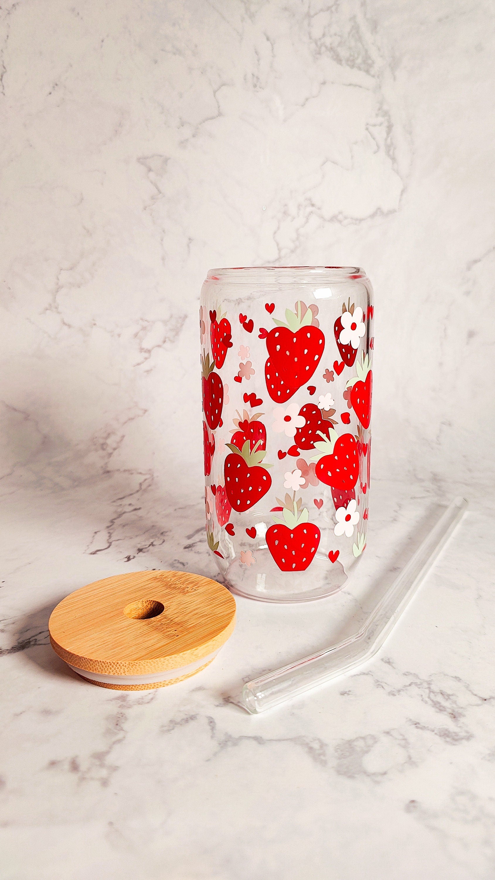 Strawberry Hearts Glass Cup, Cute Valentine's Day Gift, Iced Glass Beer Can, Fruity V-day Gift, Iced Coffee Glass, 16 and 20oz Libbey Can