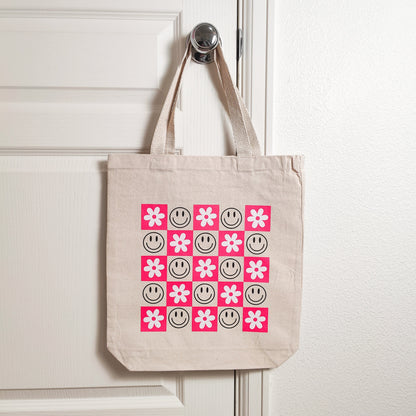 Happy Face Checkered Daisy Tote Bag, Farmers Market Tote, Small Grocery Bag, Sustainable & Reusable Cotton Bag, Retro Flower Market Tote