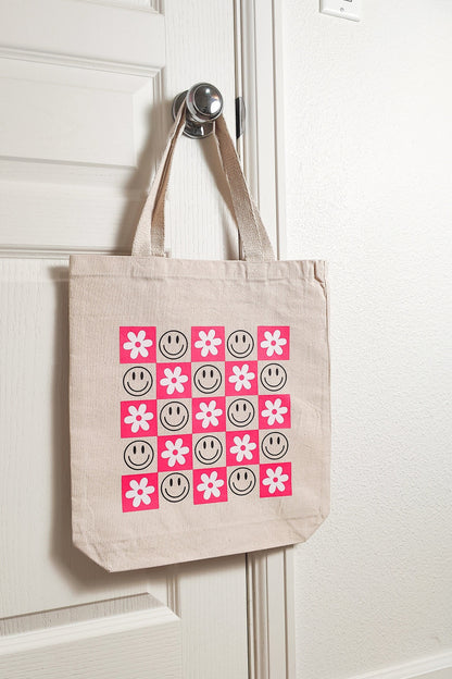 Happy Face Checkered Daisy Tote Bag, Farmers Market Tote, Small Grocery Bag, Sustainable & Reusable Cotton Bag, Retro Flower Market Tote