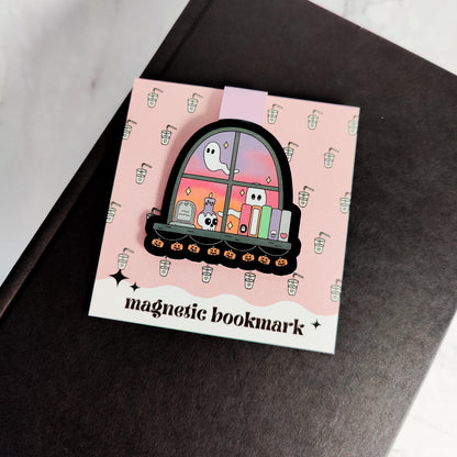 Cute Spooky Window Magnetic Bookmark, Bookish Water Resistant Bookmark, Halloween Page Marker, Ghostly Bookshelf, Bookworm Gift
