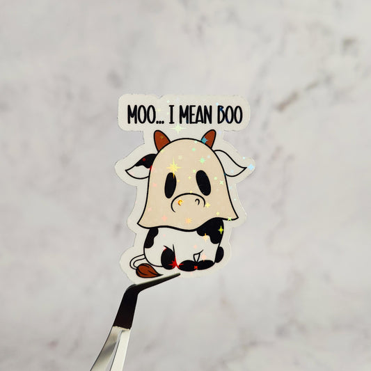 Moo I Mean Boo Holographic Sticker, Cute Baby Cow Ghost Sticker, Laptop/Water Bottle Sticker, Water Resistant, Spooky Barn Animal Gift