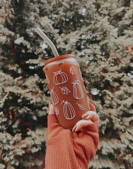 Fall Pumpkin Outline Glass Cup, Autumn Pumpkin Libbey Beer Glass, Cute Fall Coffee Cup, Autumn Iced Coffee Can, Fall Season Gift