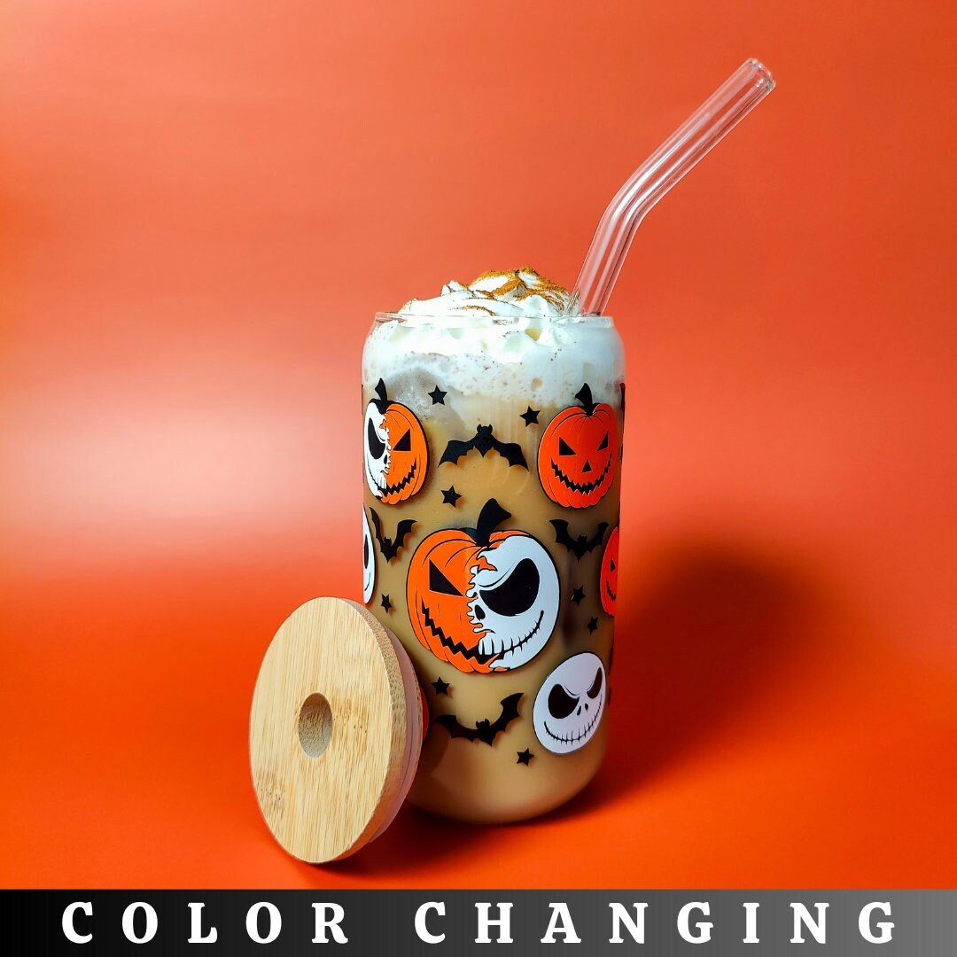 Pumpkin Jack Halloween Cup, Color Changing Pumpkin Jack Glass Can, Halloween Glass Libbey Can, Pumpkin King, Halloween Skeleton Beer Can