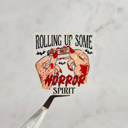 Rolling Up Some Horror Spirit Holographic Sticker, Scary Movie Characters, Water Resistant Sticker, Horror Friends, Spooky Stoner Gift