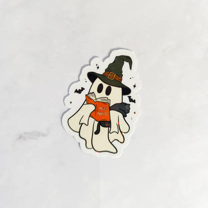 Stay Spooky Bookish Ghost Holographic Sticker, Bookish Sticker, Booktok Laptop/Water Bottle Sticker, Water Resistant, Spooky Bookworm Gift