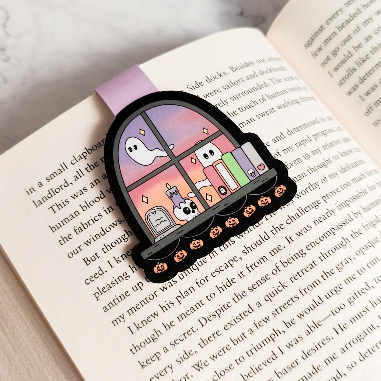 Cute Spooky Window Magnetic Bookmark, Bookish Water Resistant Bookmark, Halloween Page Marker, Ghostly Bookshelf, Bookworm Gift