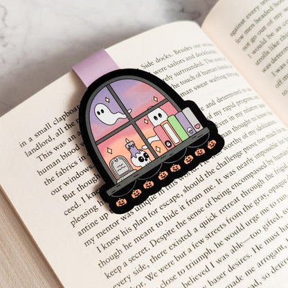 Cute Spooky Window Magnetic Bookmark, Bookish Water Resistant Bookmark, Halloween Page Marker, Ghostly Bookshelf, Bookworm Gift