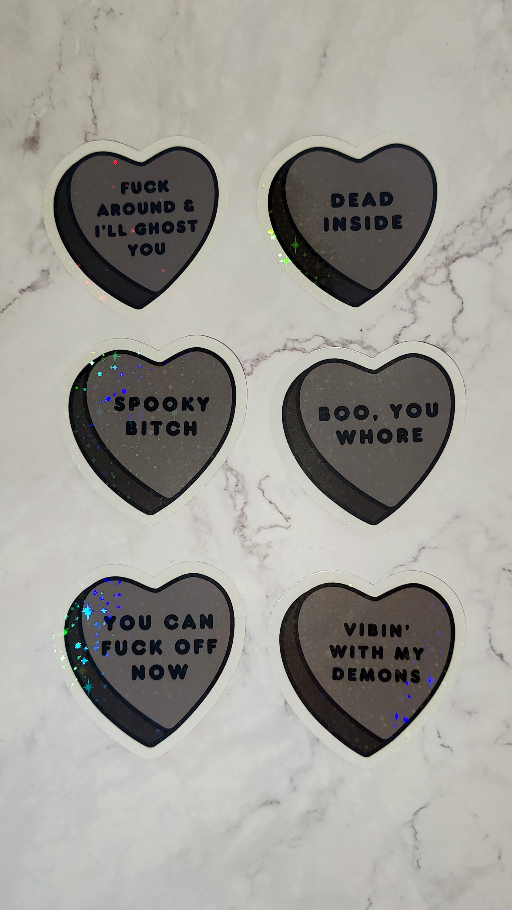 Spooky Candy Heart Holographic Sticker, Die Cut Water Resistant Sticker, Not So Sweet Explicit Conversation Halloween Candy Hearts Gift