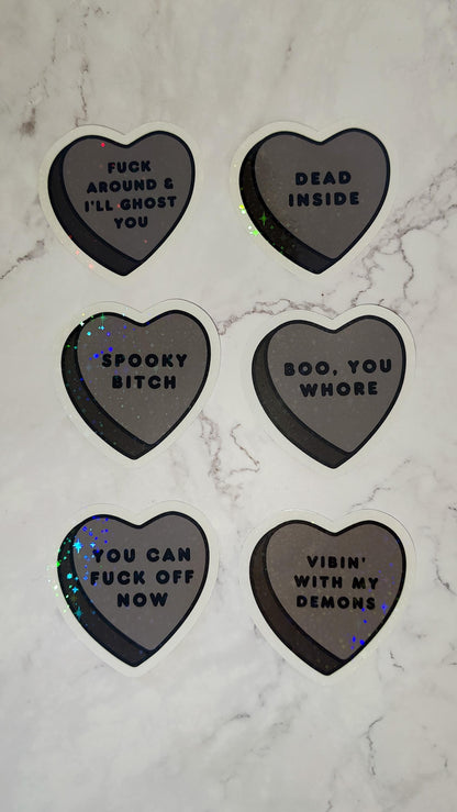 Spooky Candy Heart Holographic Sticker, Die Cut Water Resistant Sticker, Not So Sweet Explicit Conversation Halloween Candy Hearts Gift