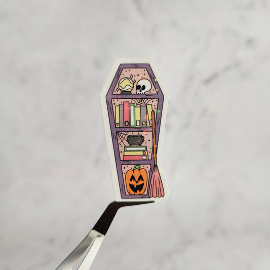 Spooky Coffin Bookshelf Holographic Sticker, Witchy Bookish Sticker, Laptop/Water Bottle Sticker, Water Resistant, Spooky Bookworm Gift