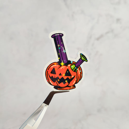 Pumpkin Bong Holographic Sticker, Water Resistant Sticker, Cannabis Decor Decal, Weed Accessory, Spooky Hemp Humor, Halloween Stoner Gift