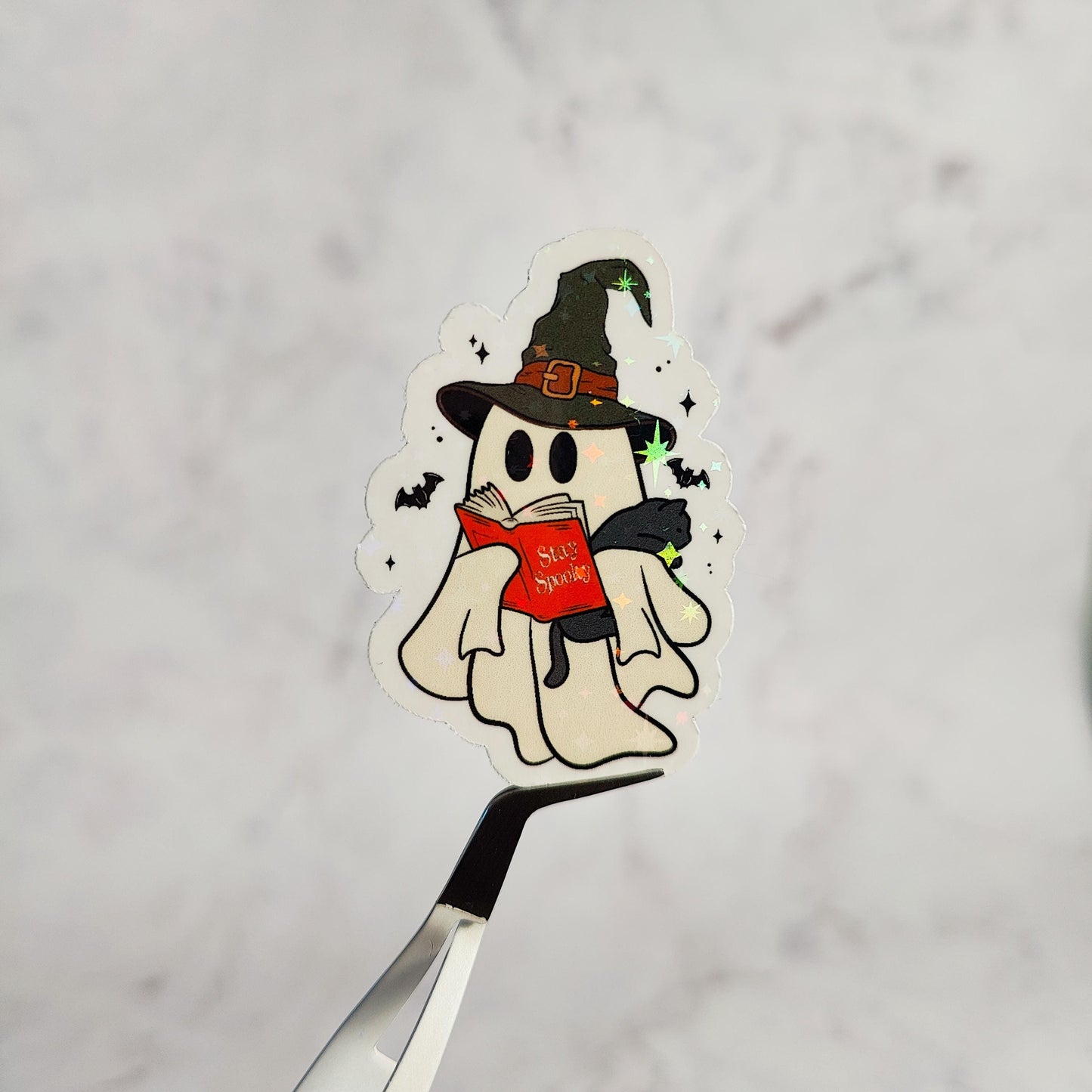 Stay Spooky Bookish Ghost Holographic Sticker, Bookish Sticker, Booktok Laptop/Water Bottle Sticker, Water Resistant, Spooky Bookworm Gift