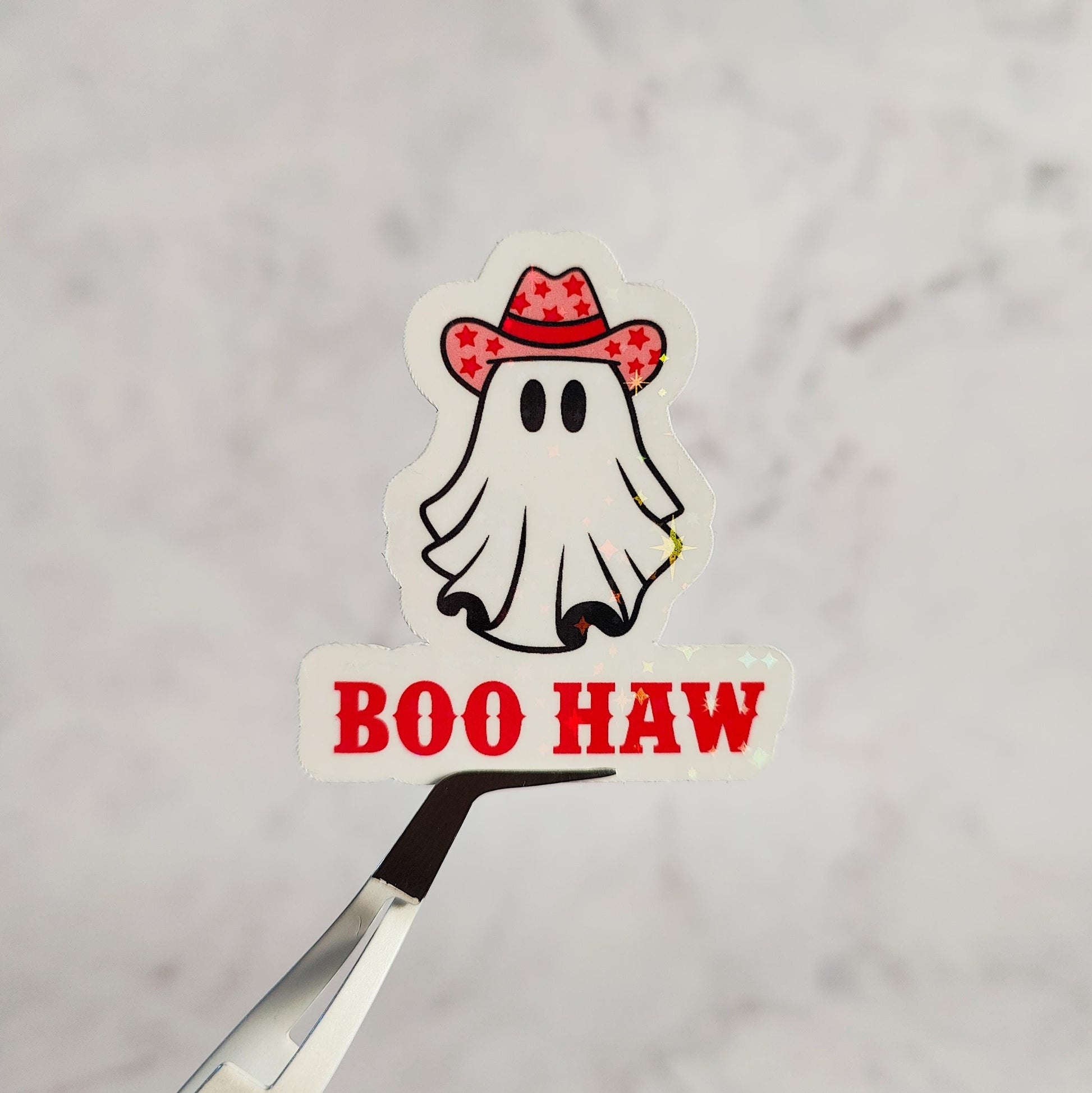 Boo Haw Holographic Sticker, Cute Cowgirl Ghost Sticker, Laptop/Water Bottle Sticker, Water Resistant, Western Halloween, Spooky Ghost Gift