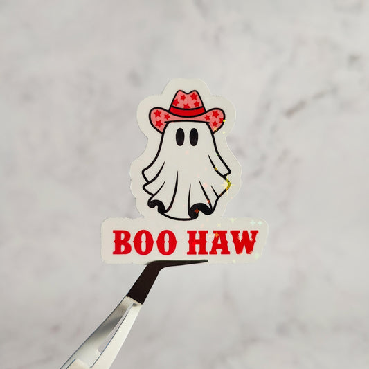 Boo Haw Holographic Sticker, Cute Cowgirl Ghost Sticker, Laptop/Water Bottle Sticker, Water Resistant, Western Halloween, Spooky Ghost Gift