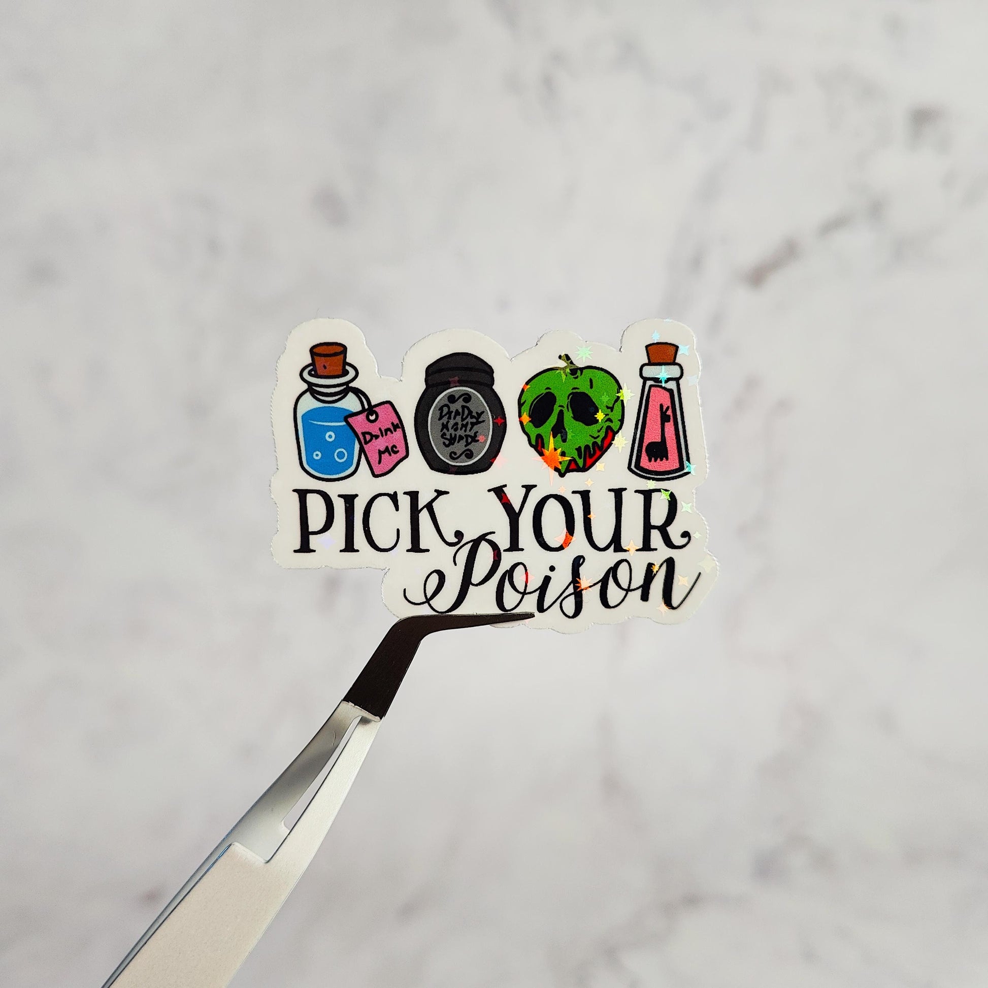 Pick Your Poison Holographic Sticker, Water Resistant Sticker, Forbidden Fruit, Drink Me Potion, Evil Cartoon Villains, Childhood Gift