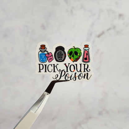 Pick Your Poison Holographic Sticker, Water Resistant Sticker, Forbidden Fruit, Drink Me Potion, Evil Cartoon Villains, Childhood Gift