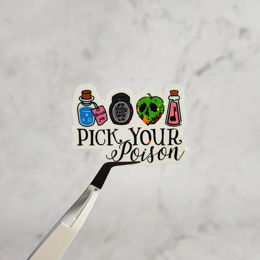 Pick Your Poison Holographic Sticker, Water Resistant Sticker, Forbidden Fruit, Drink Me Potion, Evil Cartoon Villains, Childhood Gift
