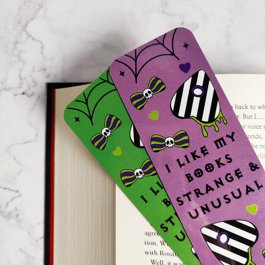 I Like My Books Strange And Unusual Bookmark, Double Sided Laminated Paper Bookmark, Halloween Page Marker, Cute Book Accessory, Spooky Gift
