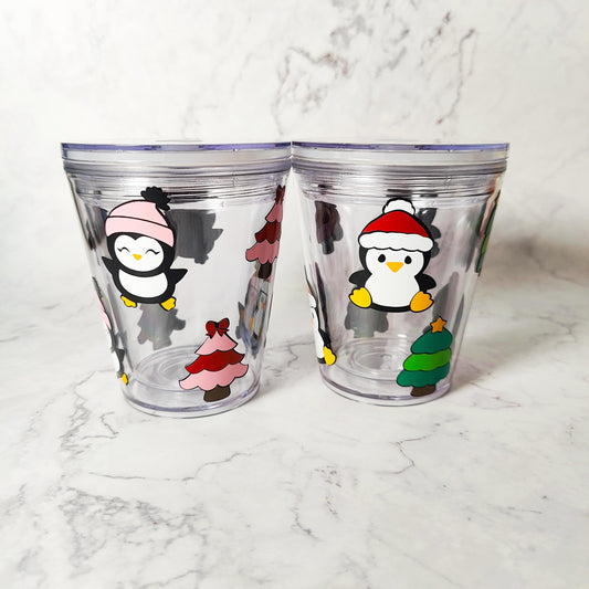 Penguins and Christmas Trees 10oz Acrylic Tumbler, Cute Artic Animals Cup, Christmas Gift, Kids Themed, Baby Animal Holiday Stocking Stuffer