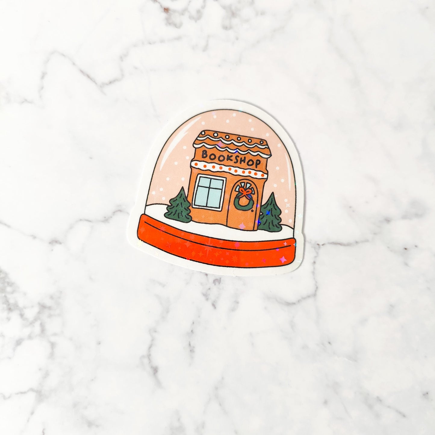 Bookshop Snowglobe Holographic Sticker, Bookish Christmas, Water Resistant Sticker, Stocking Stuffer, Bookworm Holiday Gift