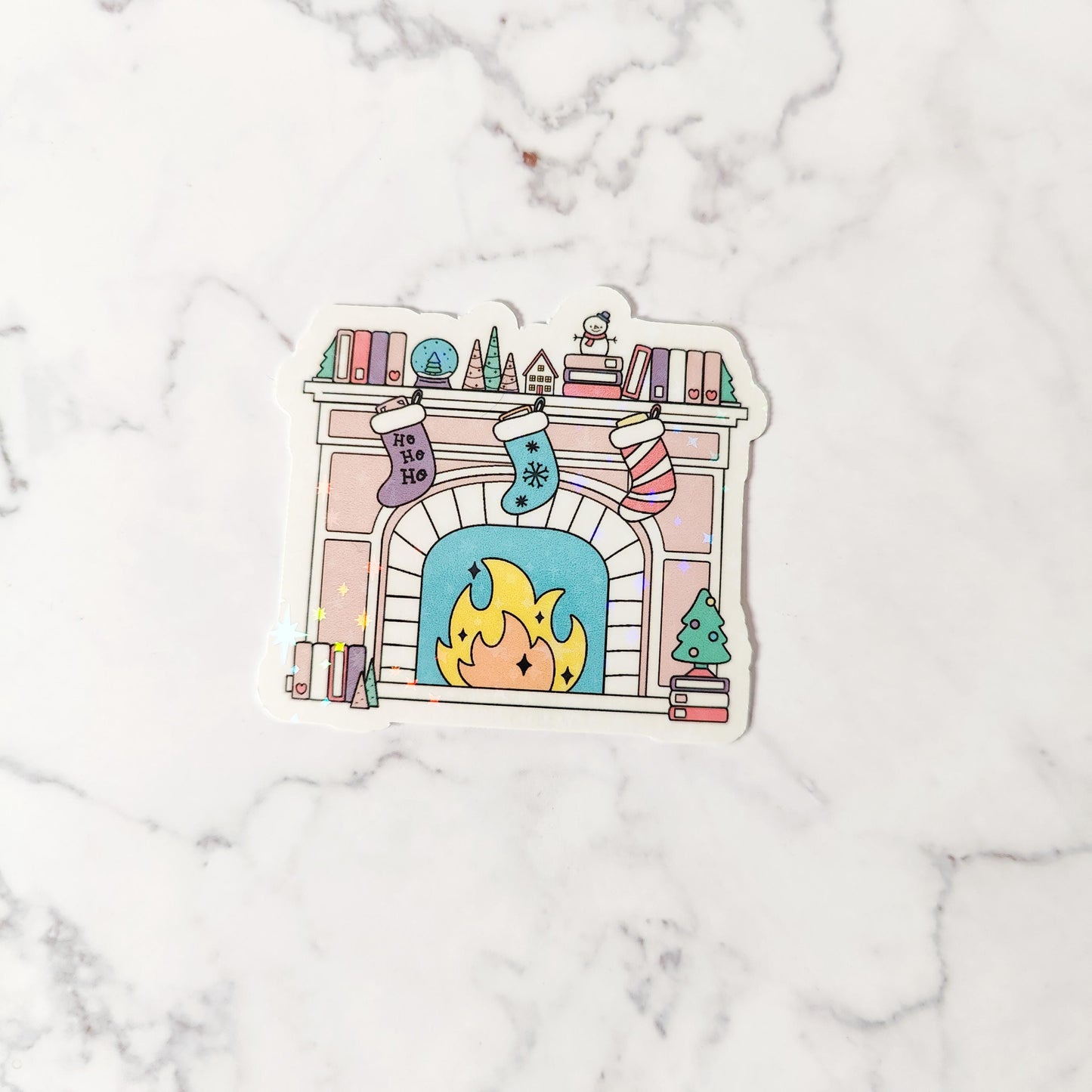 Christmas Fireplace Holographic Sticker, Bookish Christmas, Water Resistant Sticker, Pink Christmas, Bookworm Holiday Gift