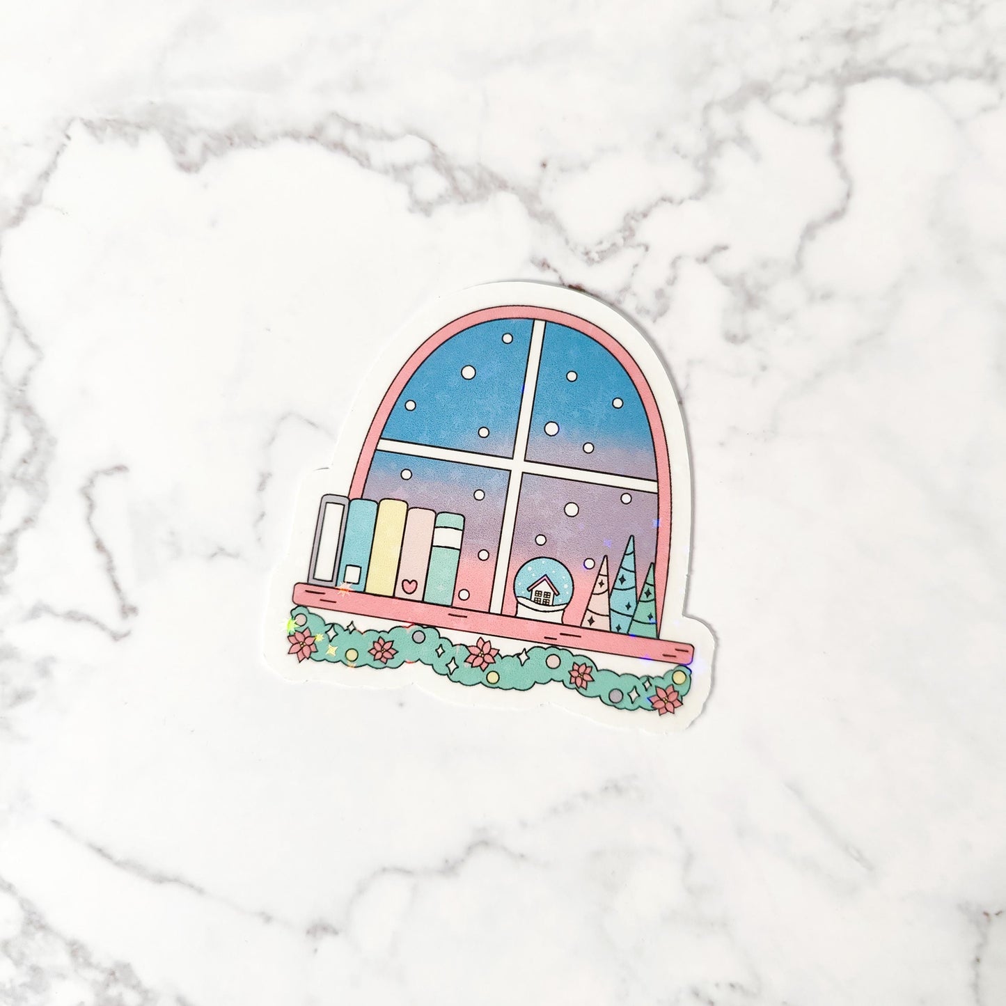 Christmas Window Holographic Sticker, Bookish Christmas, Water Resistant Sticker, Holiday Bookshelf, Bookworm Holiday Gift