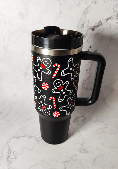 Gingerbread and Candy Canes 40oz Insulated Tumbler, Christmas Cup, Reusable Thermos with Straw, Stocking Stuffer, Holiday Gift