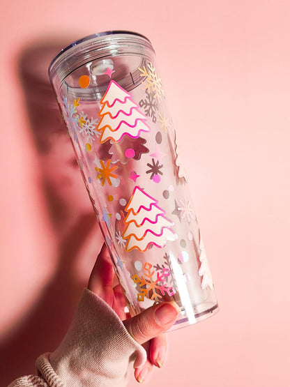 Christmas Trees 24oz Acrylic Tumbler, Glow In The Dark Christmas Cup, Snowflakes, Reusable Cup with Straw, Stocking Stuffer, Holiday Gift